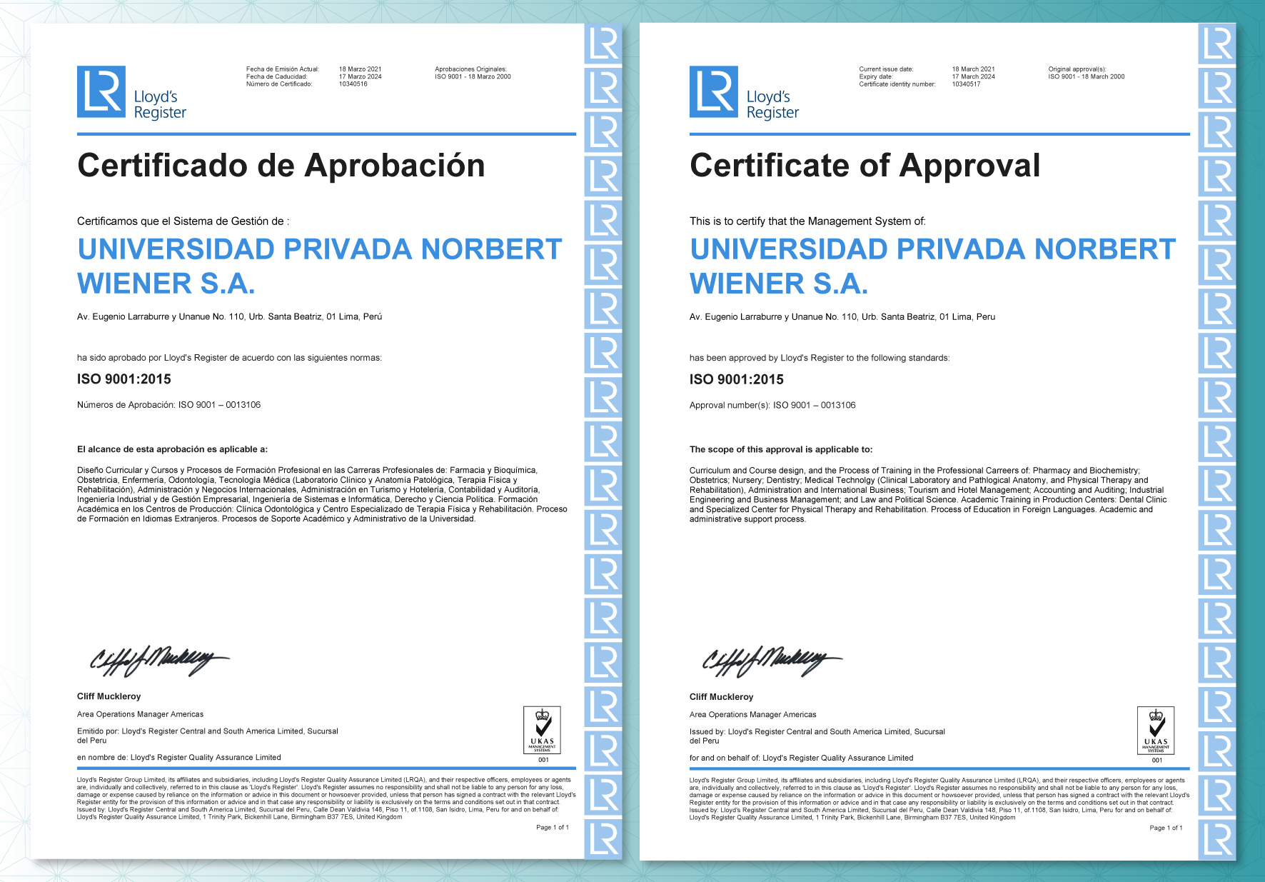 UNIVERSIDAD NORBERT WIENER RENUEVA SU CERTIFICACIÓN ISO 9001:2015 APROBADA POR LLOYD’S REGISTER