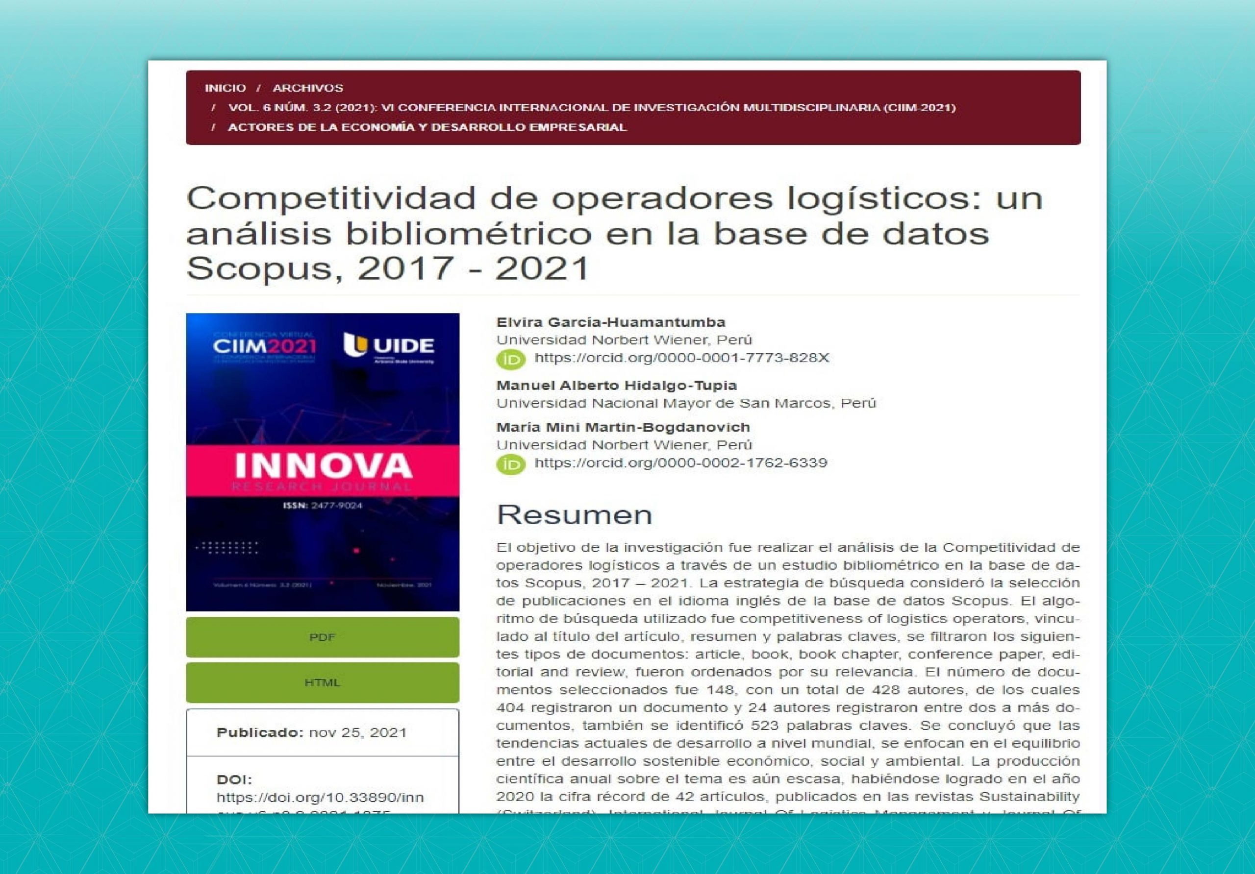 DOCENTES Y EGRESADOS DE LA FACULTAD DE INGENIERÍA Y NEGOCIOS PUBLICARON SUS TRABAJOS DE INVESTIGACIÓN EN REVISTA INNOVA RESEARCH JOURNAL