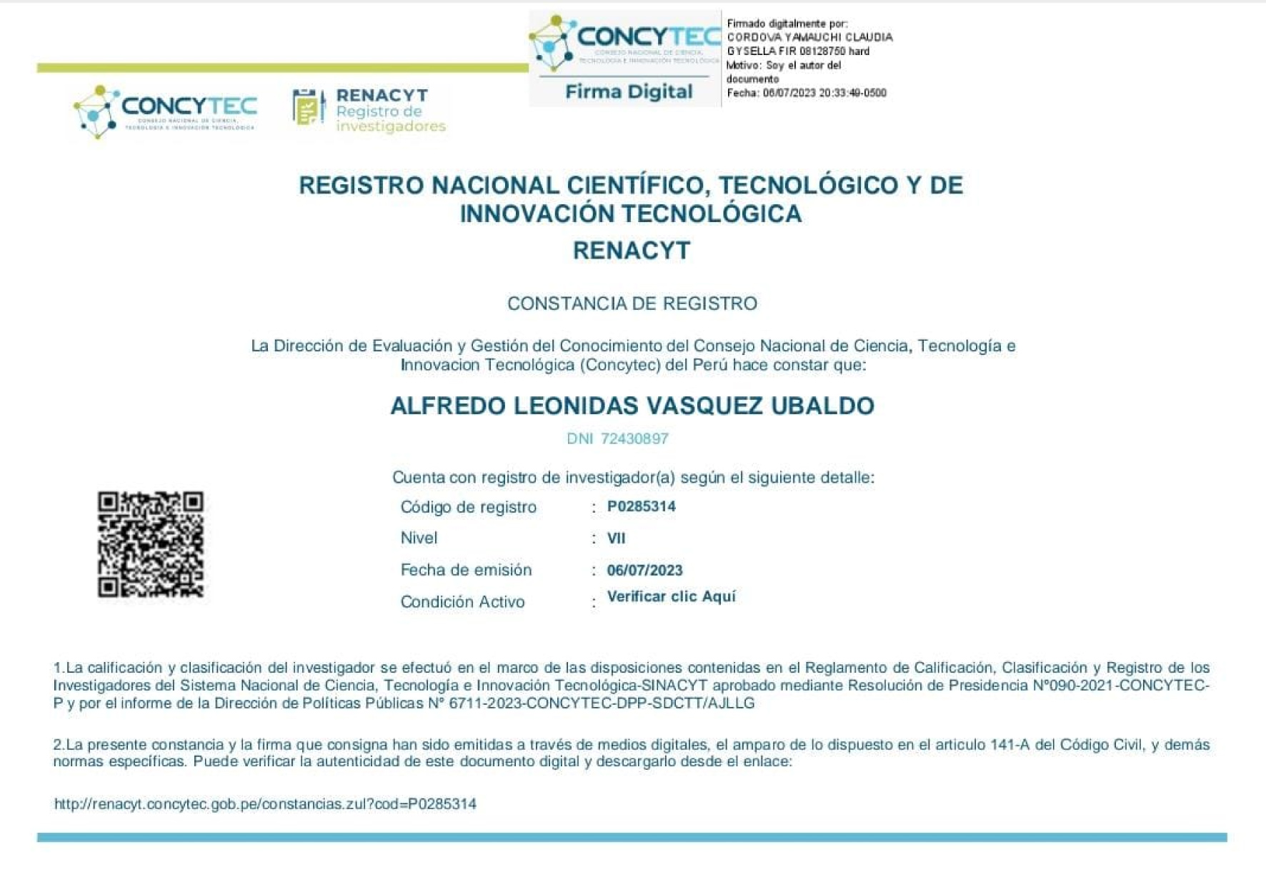 EGRESADO DE LA EAP DE INGENIERÍAS OBTIENE REGISTRO DE INVESTIGADOR RENACYT OTORGADO POR CONCYTEC