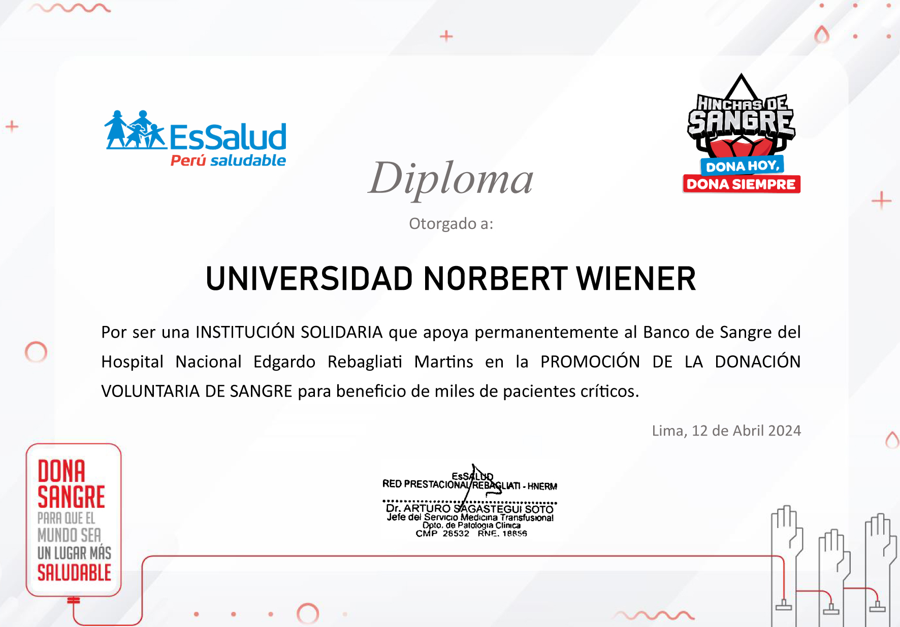UNIVERSIDAD NORBERT WIENER Y EL BANCO DE SANGRE DE ESSALUD ORGANIZARON CAMPAÑA DE DONACIÓN VOLUNTARIA DE SANGRE
