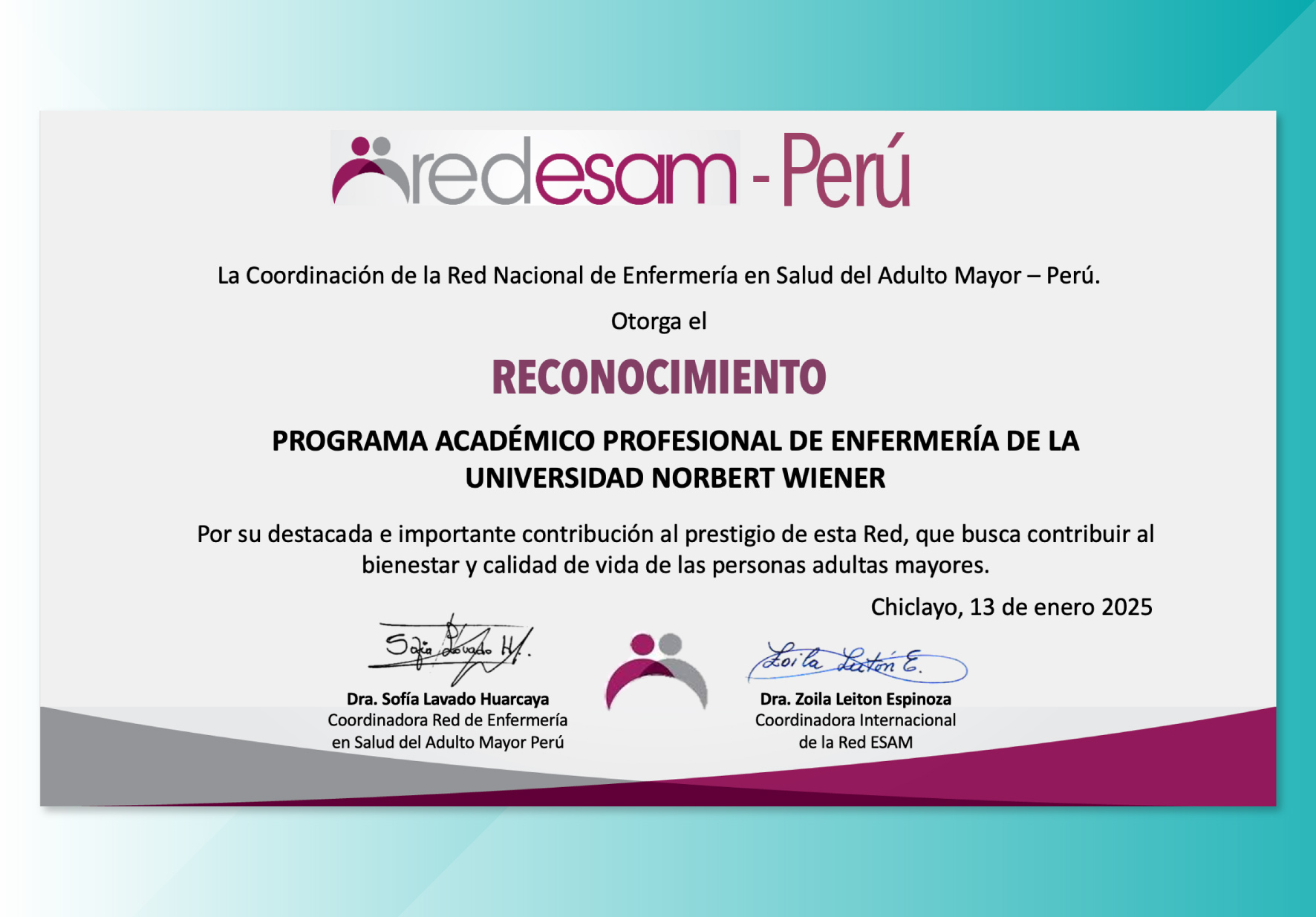 PROGRAMA ACADÉMICO DE ENFERMERÍA DE WIENER RECIBE RECONOCIMIENTO DE LA RED ESAM-PERÚ POR CONTRIBUIR AL BIENESTAR Y CALIDAD DE VIDA DE LOS ADULTOS MAYORES